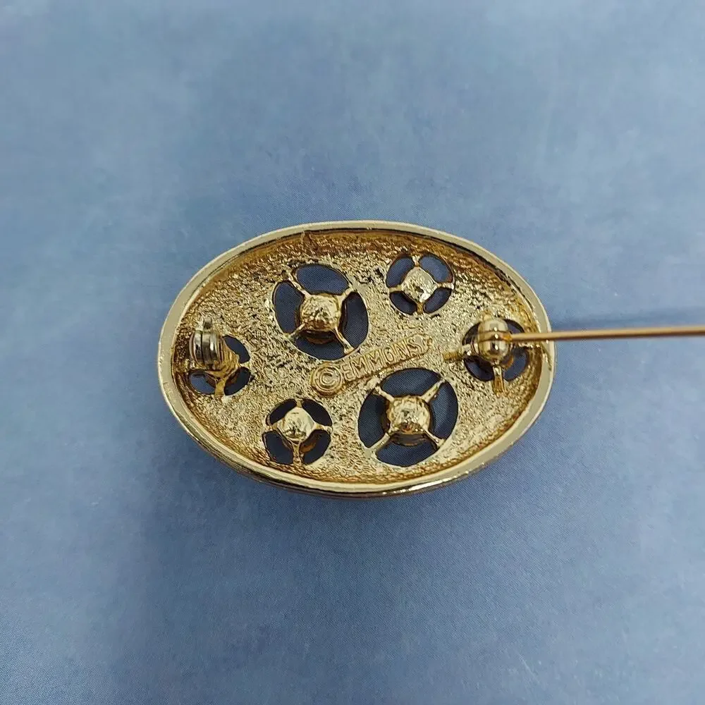 Set 3 Vintage Gold Tone Rhinestone Brooches 1 Signed Emmons Flower Birds Oval